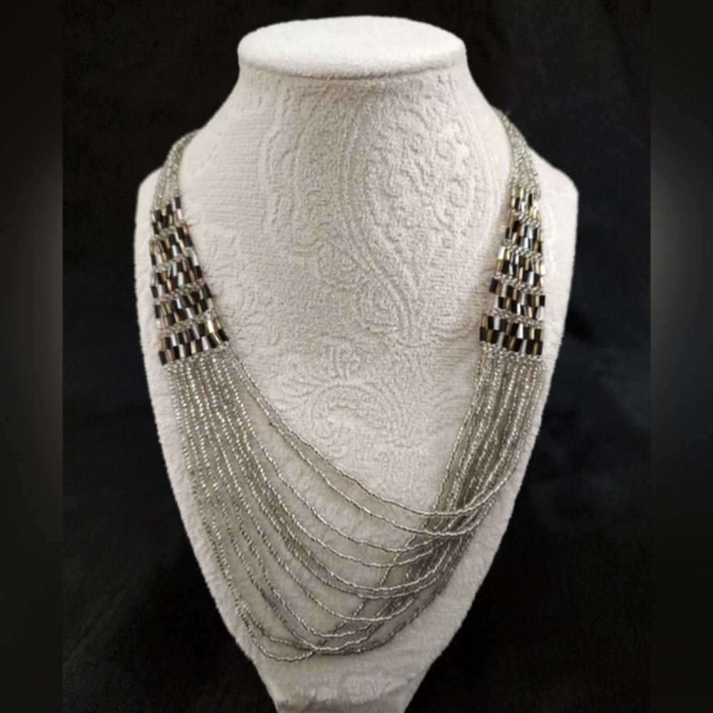 SALE ! Handmade Beaded Necklace silver strands w earth tone bigger beads